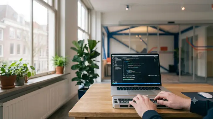 Handen die een brailleleesregel gebruiken naast een laptop met code op het scherm